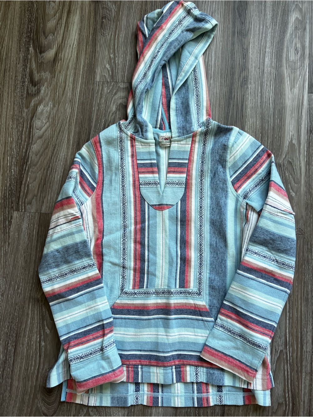 Faherty Striped Hooded Pullover in Light Blue, Red and Gray